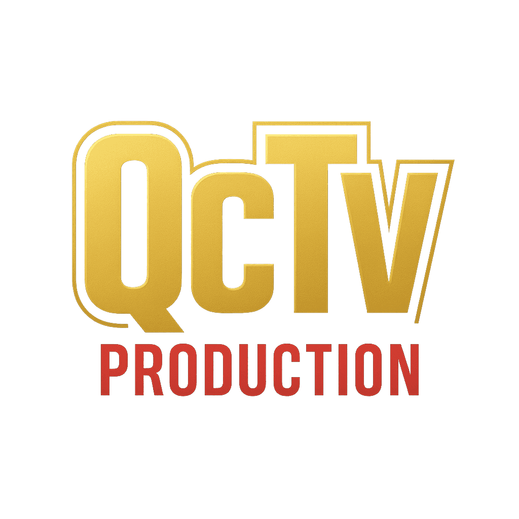 Logo with 'QcTv' in large gold letters and 'Production' in smaller red text below.
